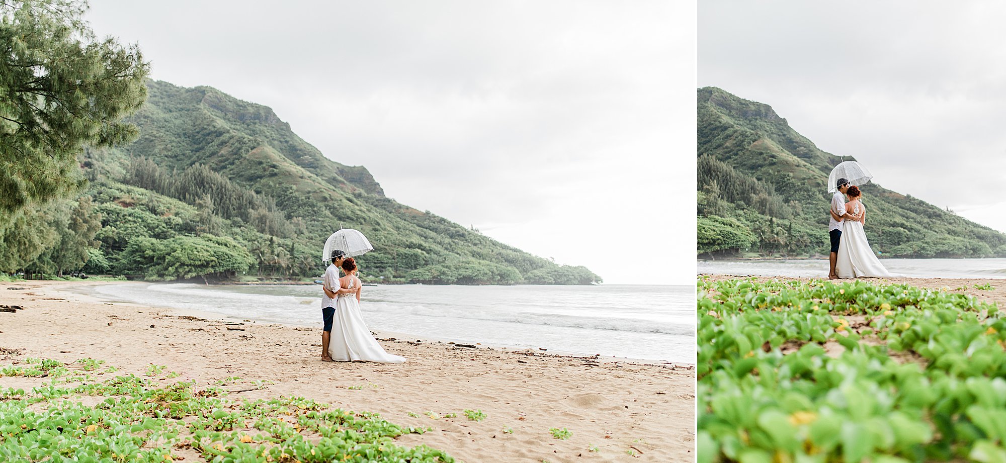 bride and groom in elopement during rainy season in hawaii