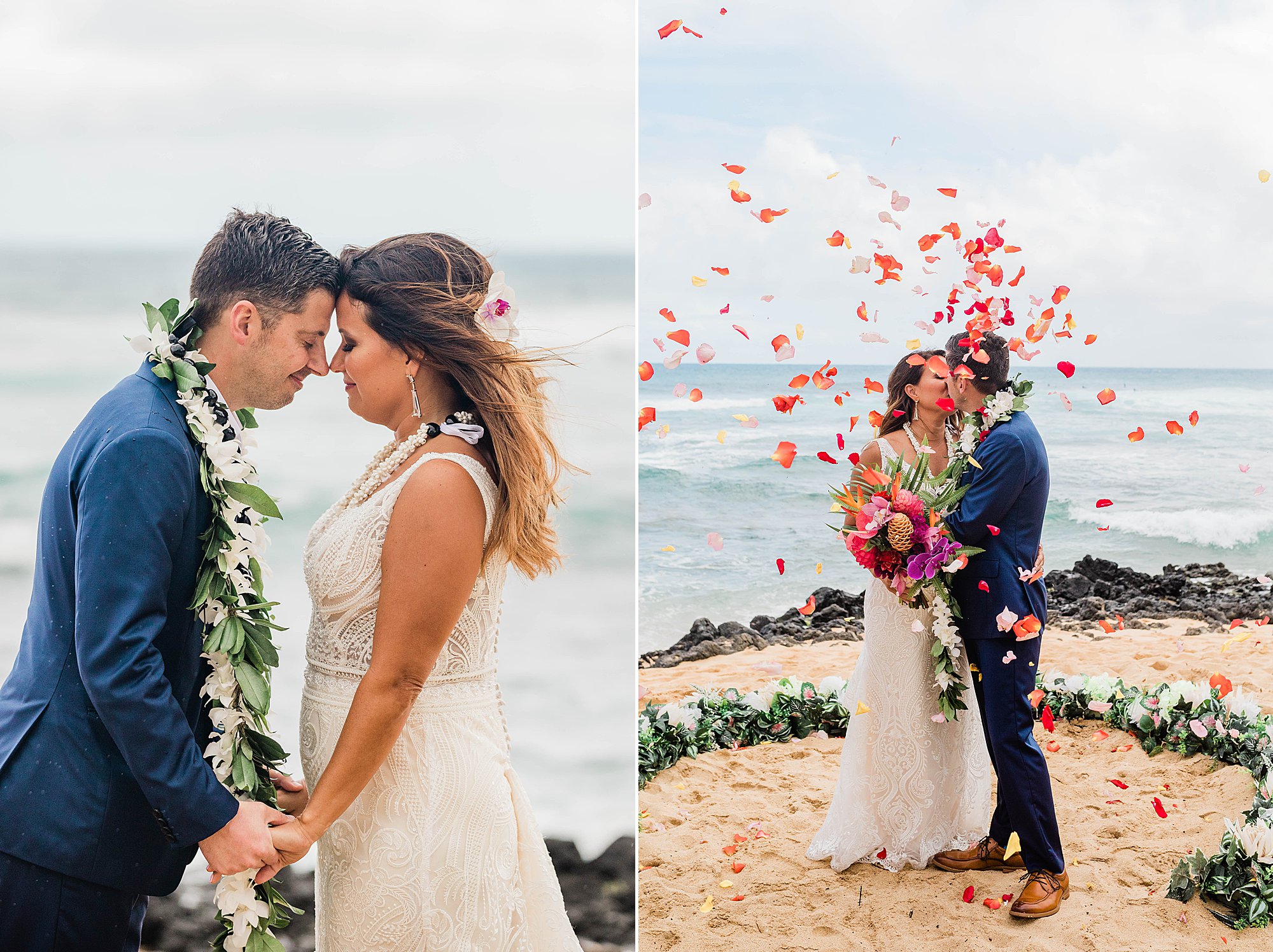 bride and groom in sandy beach wedding