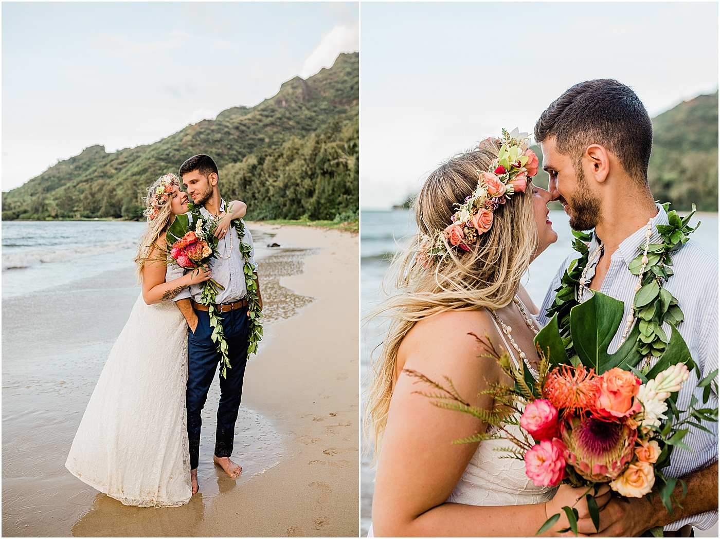bride and groom at the beach in hawaii for their adventure wedding