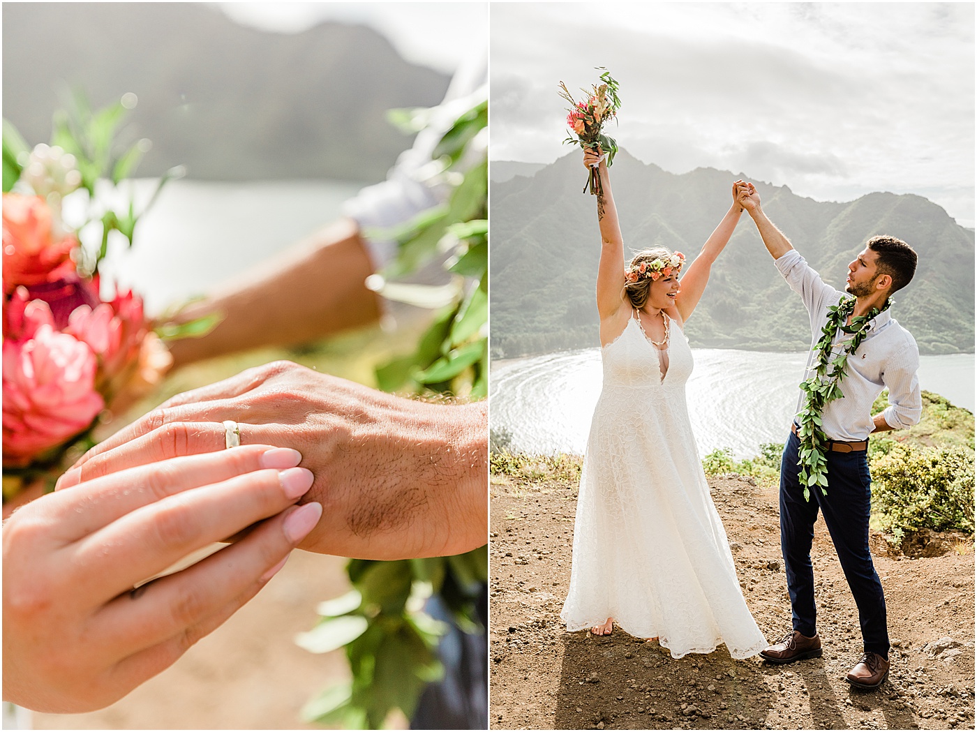 couple celebrating their hawaii adventure wedding ceremony
