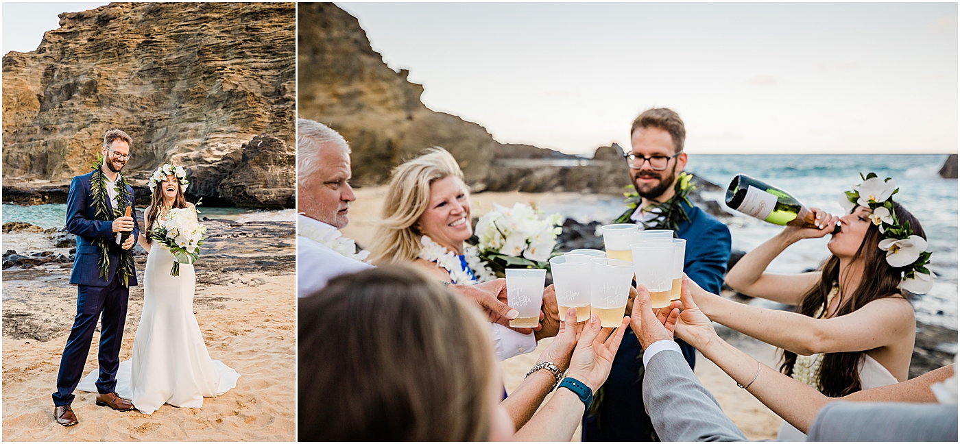 family celebrating with bride and groom during oahu beach elopement