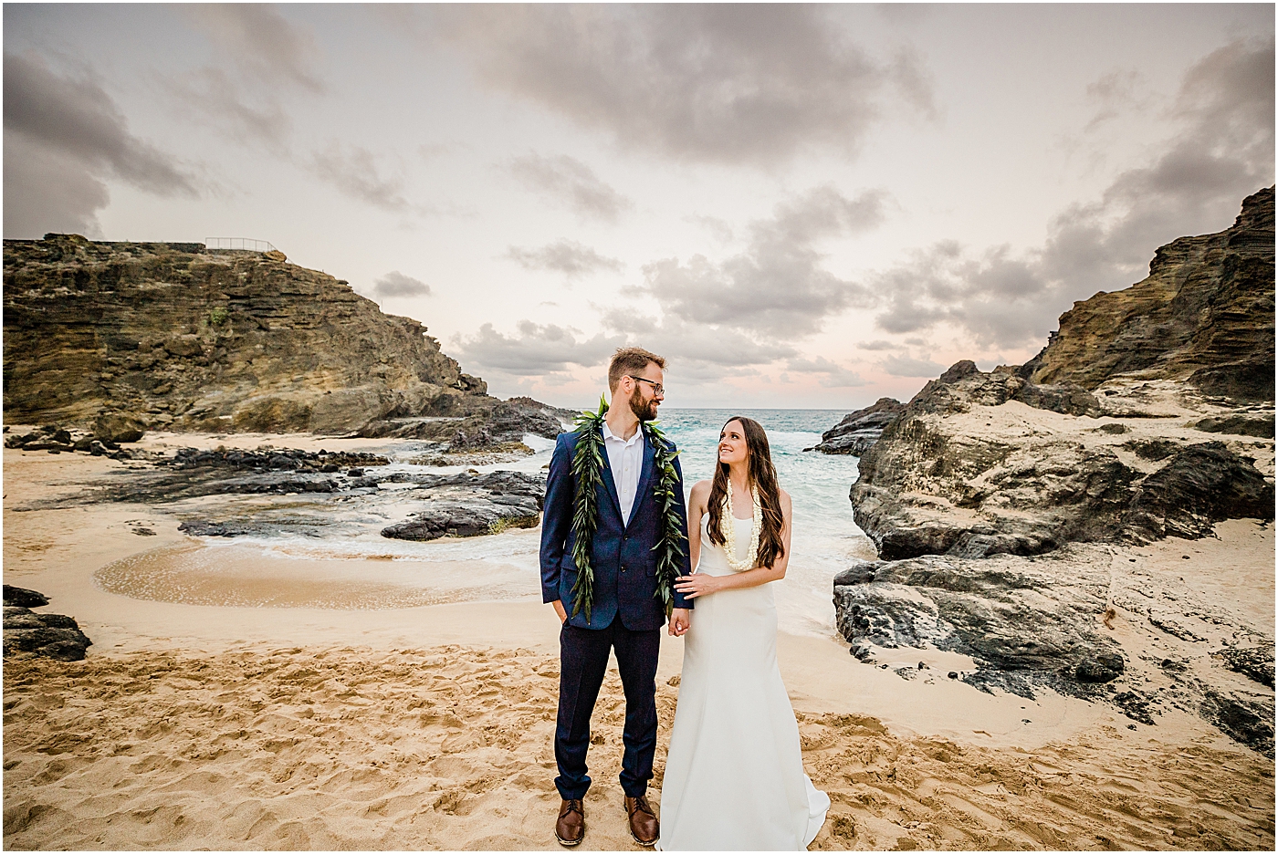 bride and groom portraits during oahu beach elopement