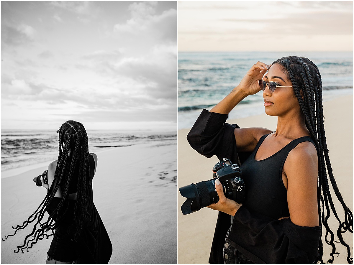 female photographer at the beach by orange county branding photographer