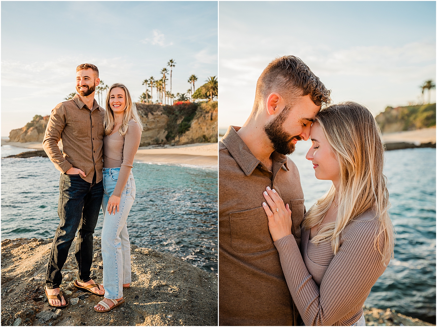 Laguna beach couples photography at Treasure Island Park. Couple standing together on rocks in front of the ocean.