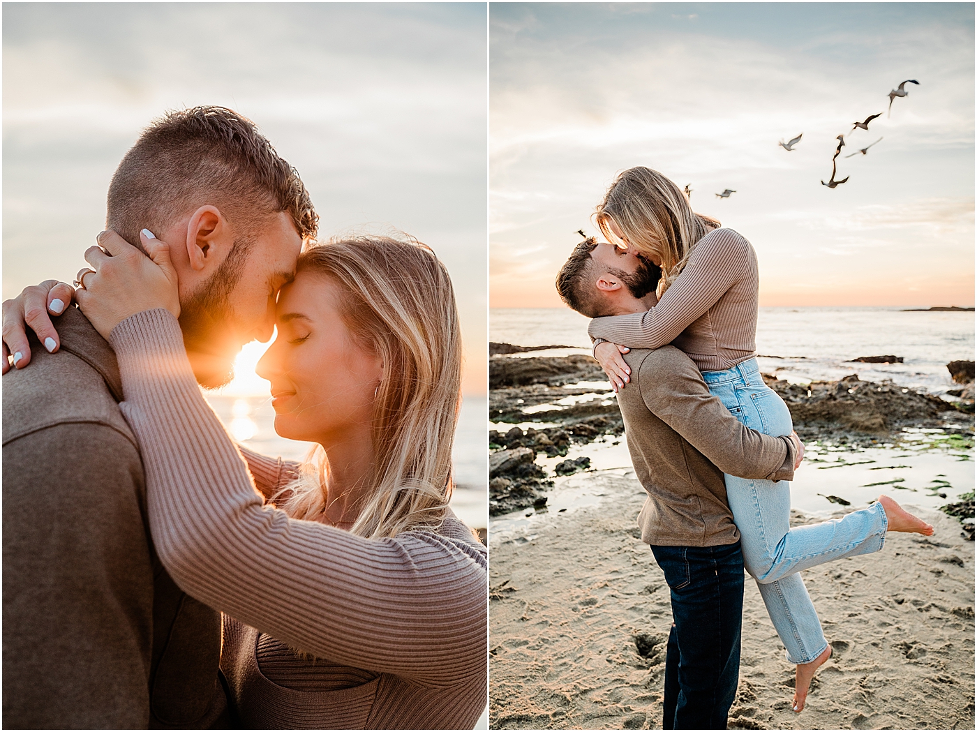 Laguna beach photography at Treasure Island Park. Couple kissing during the sunset. Guy holding girl up for a kiss.