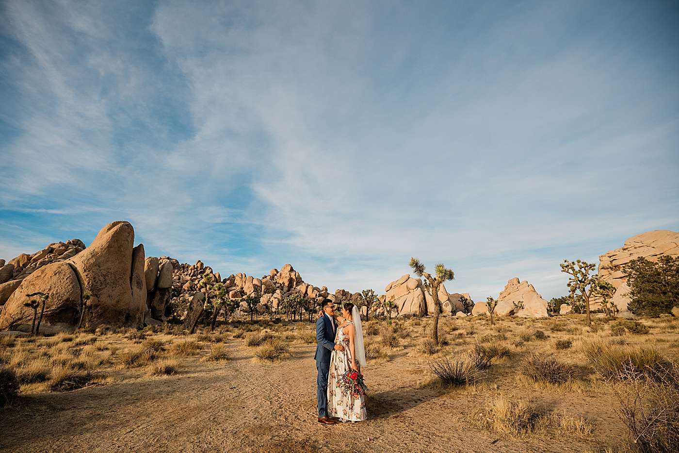 Elopement in Joshua Tree National Park. Bride and groom embracing in front of Joshua Trees and rock formations.