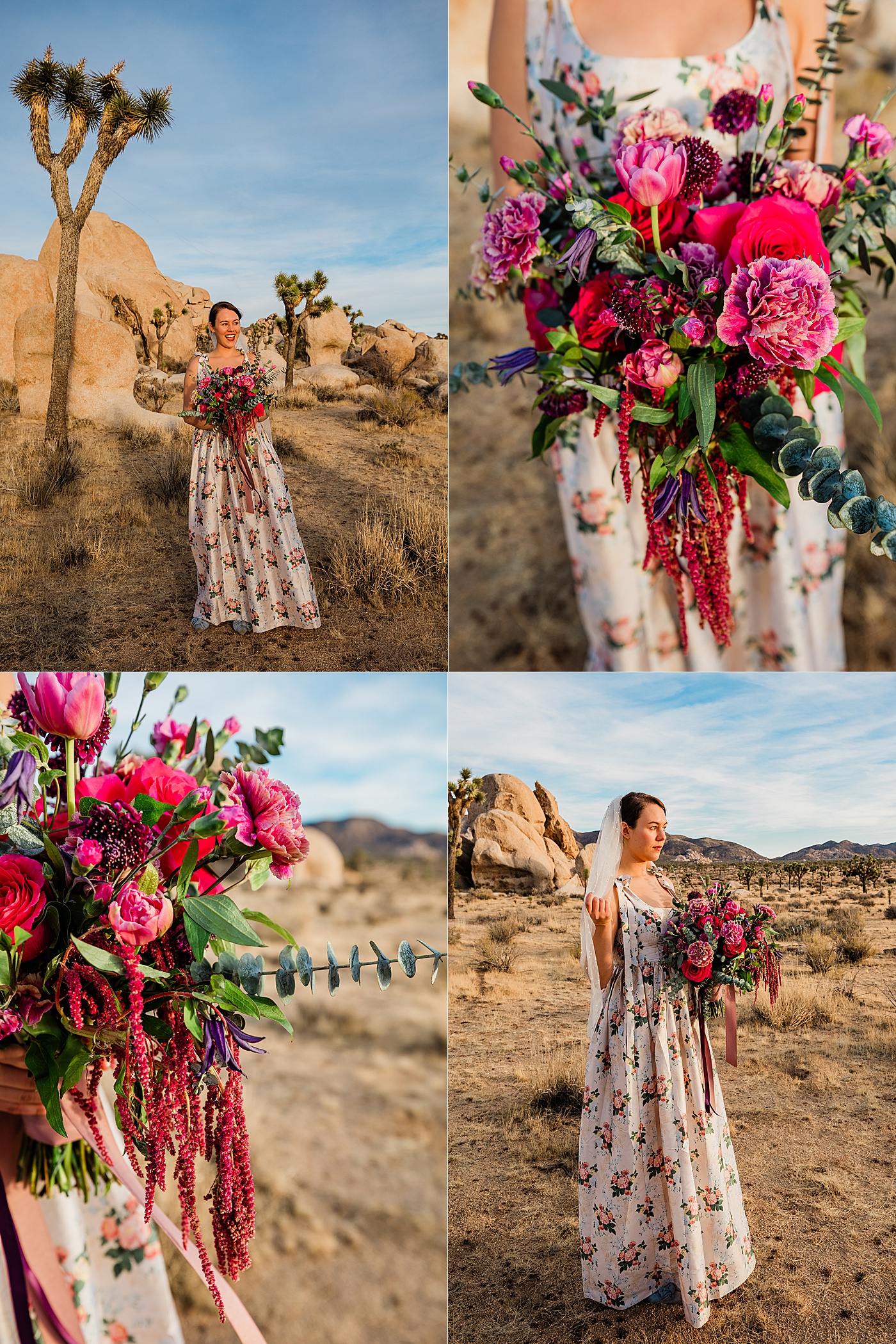 Bride in a colorful floral dress and holding a pink and magenta bouquet during Joshua Tree elopement.