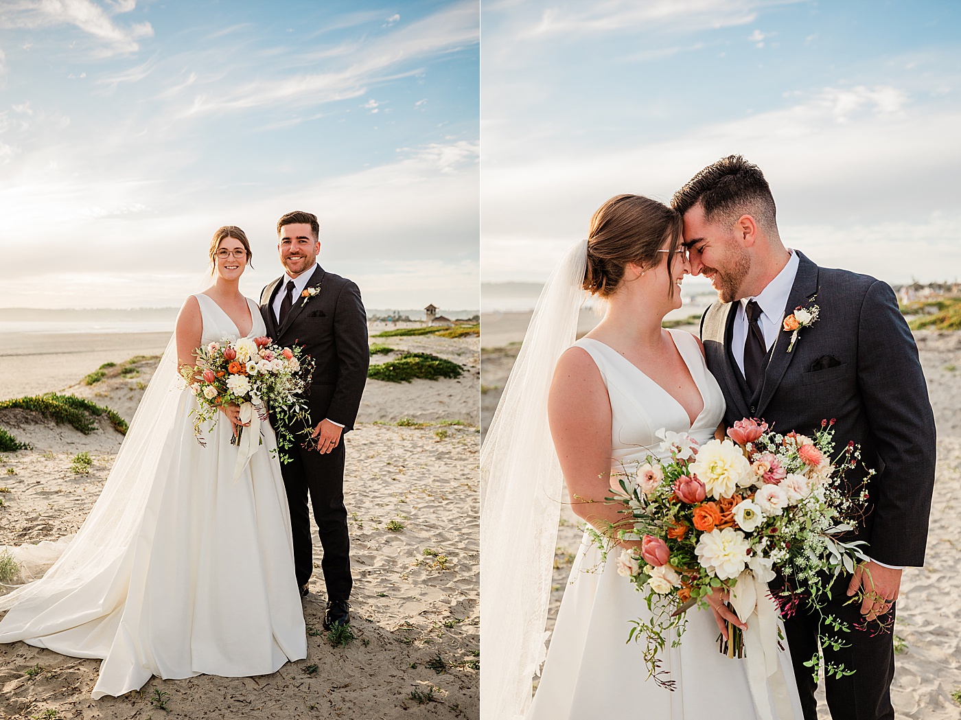Bride and groom kissing after their Coronado beach elopement at the dunes.