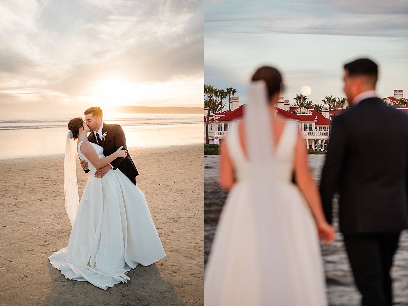 Coronado beach elopement at sunset. Bride and groom embracing at the beach.