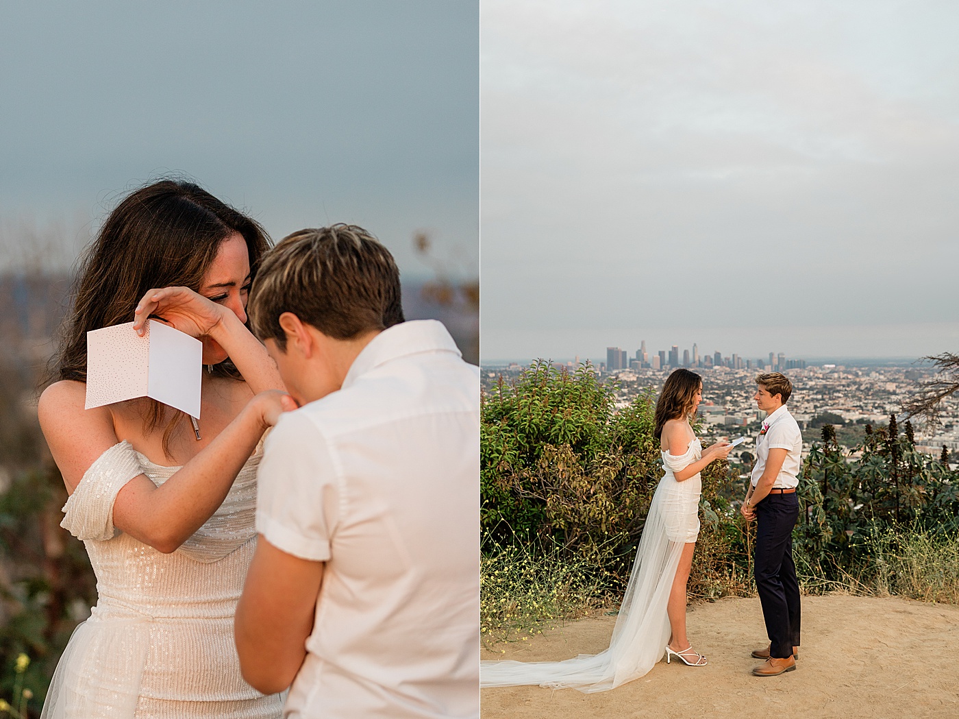 Bride reading vows during elopement at the Griffith Observatory.