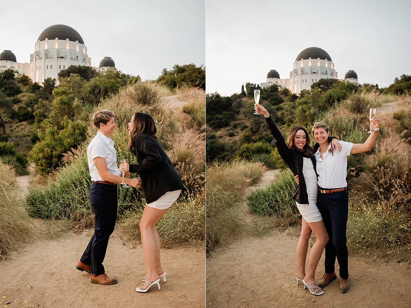 Couple celebrating after eloping at The Griffith Observatory.