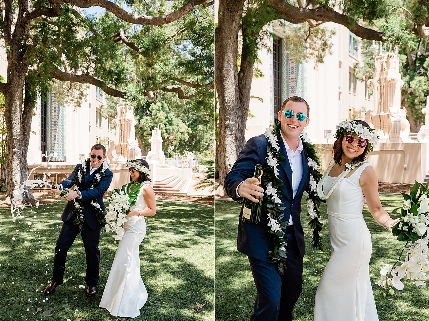 Bride and groom celebrating after San Diego courthouse elopement.