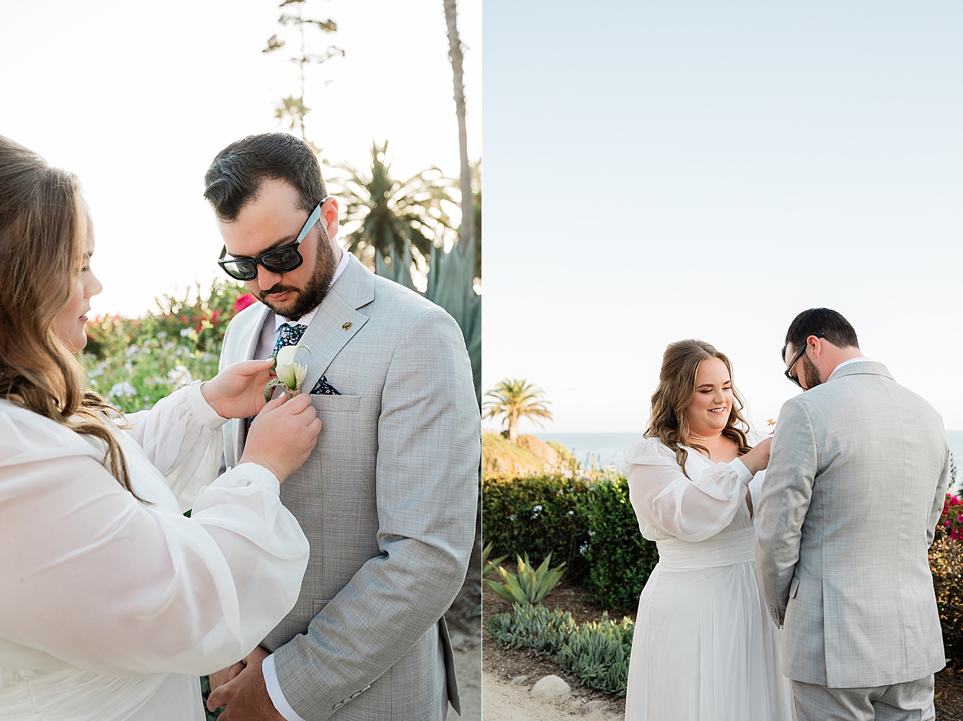 Bride pinning boutonniere on groom before Orange County elopement ceremony.