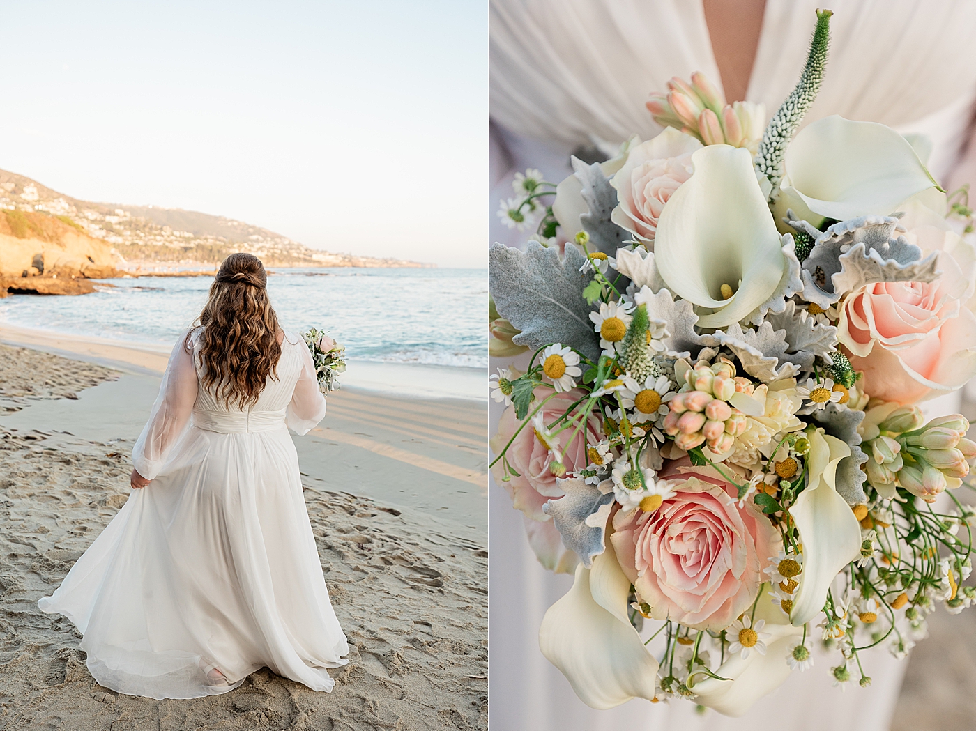 Bride holding bouquet on the beach in Orange County elopement.