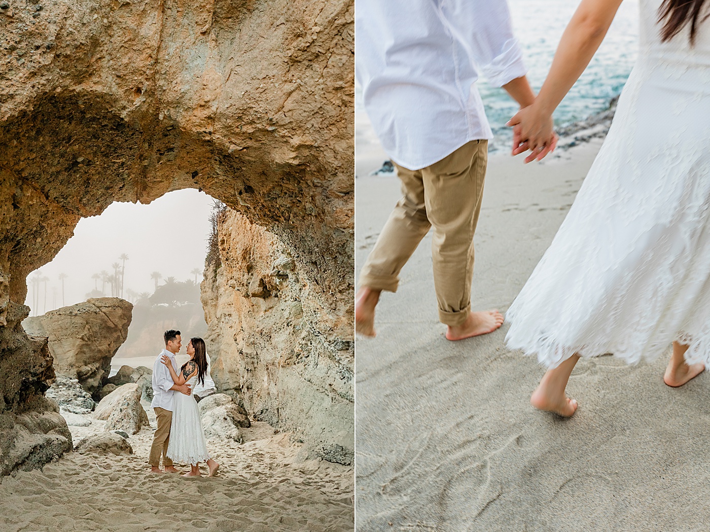 engaged couple in tunnel at treasure island park, and walking on the beach holding hands